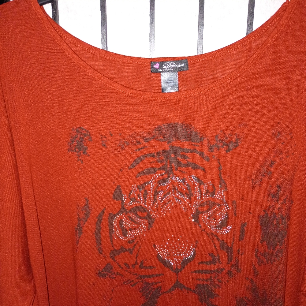 Dark Orange Tiger Studded Graphic Women's Tunic Studded Top - Picture 3 of 14